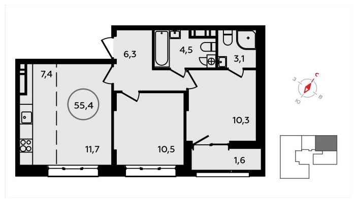 3-комнатная квартира (евро) без отделки, 55.4 м2, 11 этаж, сдача 3 квартал 2024 г., ЖК Скандинавия, корпус 2.22.2 - объявление 1625399 - фото №1