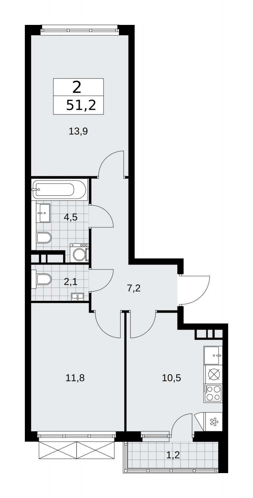 2-комнатная квартира с частичной отделкой, 51.2 м2, 5 этаж, сдача 2 квартал 2026 г., ЖК Прокшино, корпус 11.2.3 - объявление 2270580 - фото №1