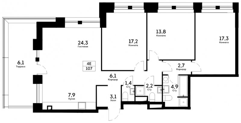 4-комнатная квартира без отделки, 107 м2, 15 этаж, сдача 4 квартал 2022 г., ЖК Квартал на набережной NOW, корпус 1.4 - объявление 1713290 - фото №1