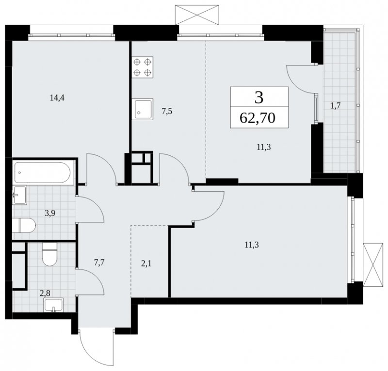 3-комнатная квартира (евро) с частичной отделкой, 62.7 м2, 12 этаж, сдача 4 квартал 2024 г., ЖК Скандинавия, корпус 36.3.1 - объявление 1894613 - фото №1