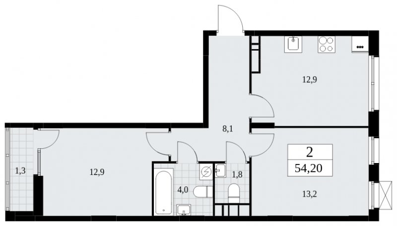 2-комнатная квартира без отделки, 54.2 м2, 8 этаж, сдача 1 квартал 2025 г., ЖК Дзен-кварталы, корпус 1.4 - объявление 1896225 - фото №1