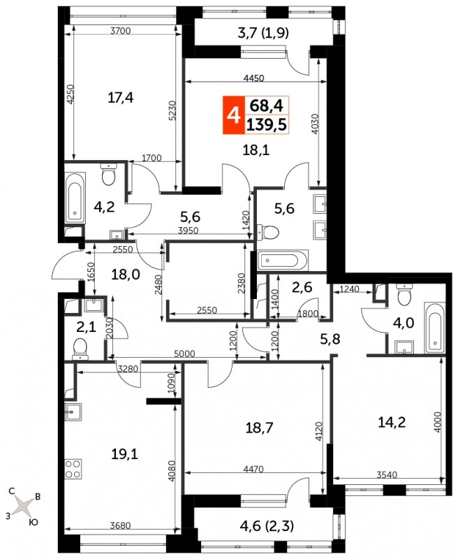 4-комнатная квартира с полной отделкой, 139.5 м2, 10 этаж, сдача 3 квартал 2024 г., ЖК Sydney City, корпус 2.1 - объявление 1652453 - фото №1