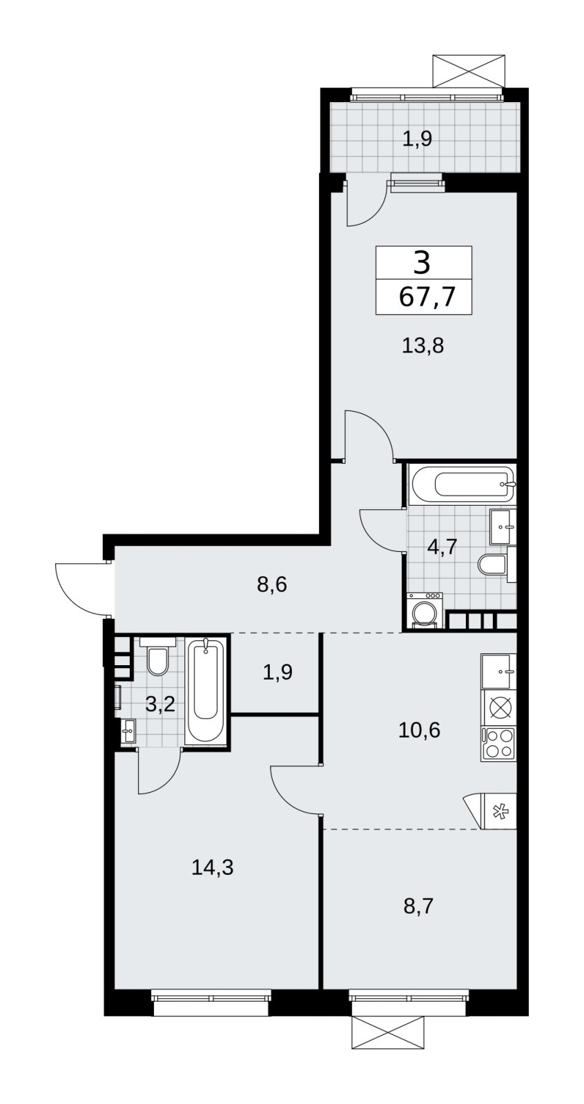 3-комнатная квартира (евро) с частичной отделкой, 67.7 м2, 6 этаж, сдача 2 квартал 2026 г., ЖК Дзен-кварталы, корпус 4.1 - объявление 2251418 - фото №1
