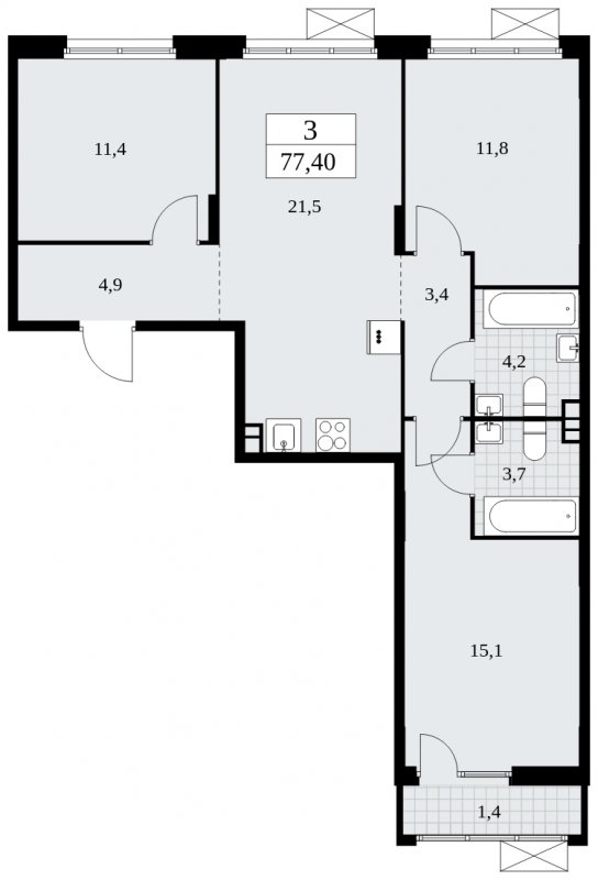 3-комнатная квартира без отделки, 77.4 м2, 3 этаж, сдача 4 квартал 2024 г., ЖК Бунинские кварталы, корпус 2.3 - объявление 1882503 - фото №1