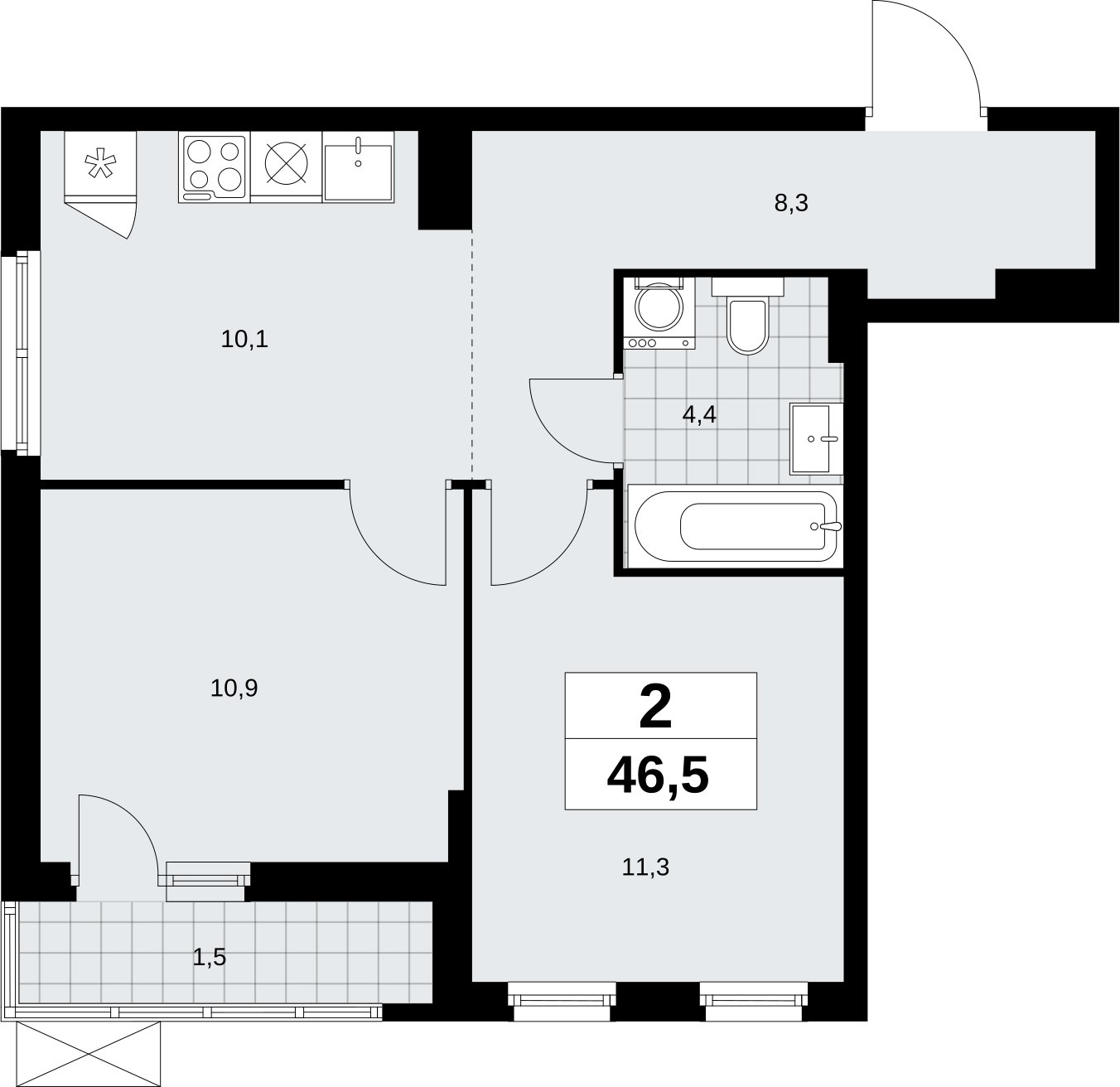 2-комнатная квартира с полной отделкой, 46.5 м2, 3 этаж, сдача 3 квартал 2026 г., ЖК Дзен-кварталы, корпус 6.1.3 - объявление 2327384 - фото №1