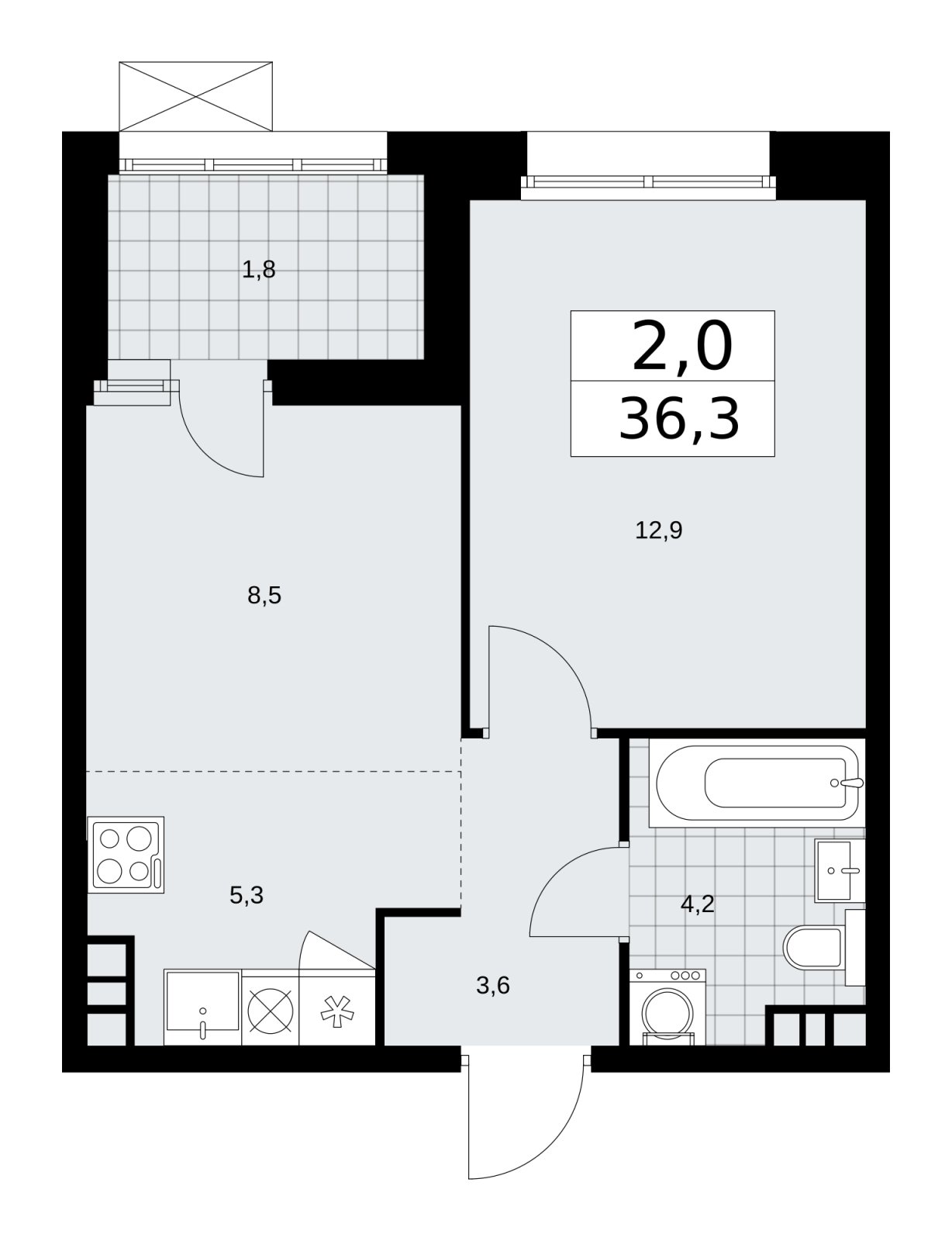 2-комнатная квартира (евро) без отделки, 36.3 м2, 9 этаж, сдача 4 квартал 2025 г., ЖК Бунинские кварталы, корпус 6.5 - объявление 2252806 - фото №1
