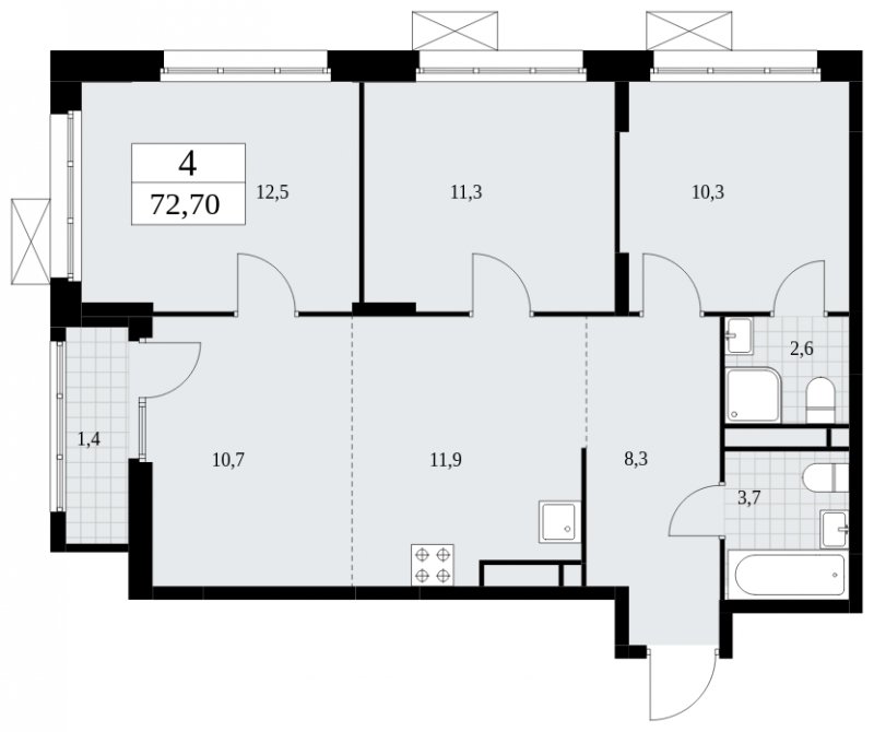4-комнатная квартира (евро) с частичной отделкой, 72.7 м2, 14 этаж, сдача 4 квартал 2024 г., ЖК Скандинавия, корпус 36.3.1 - объявление 1894628 - фото №1