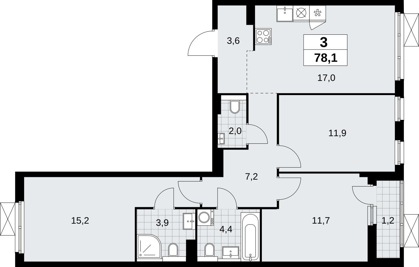3-комнатная квартира без отделки, 78.1 м2, 5 этаж, сдача 2 квартал 2026 г., ЖК Бунинские кварталы, корпус 9.1 - объявление 2323915 - фото №1