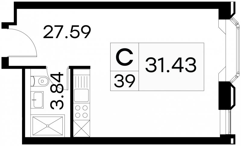 Студия с частичной отделкой, 31.43 м2, 5 этаж, сдача 3 квартал 2024 г., ЖК GloraX Aura Белорусская, корпус 1 - объявление 1708718 - фото №1