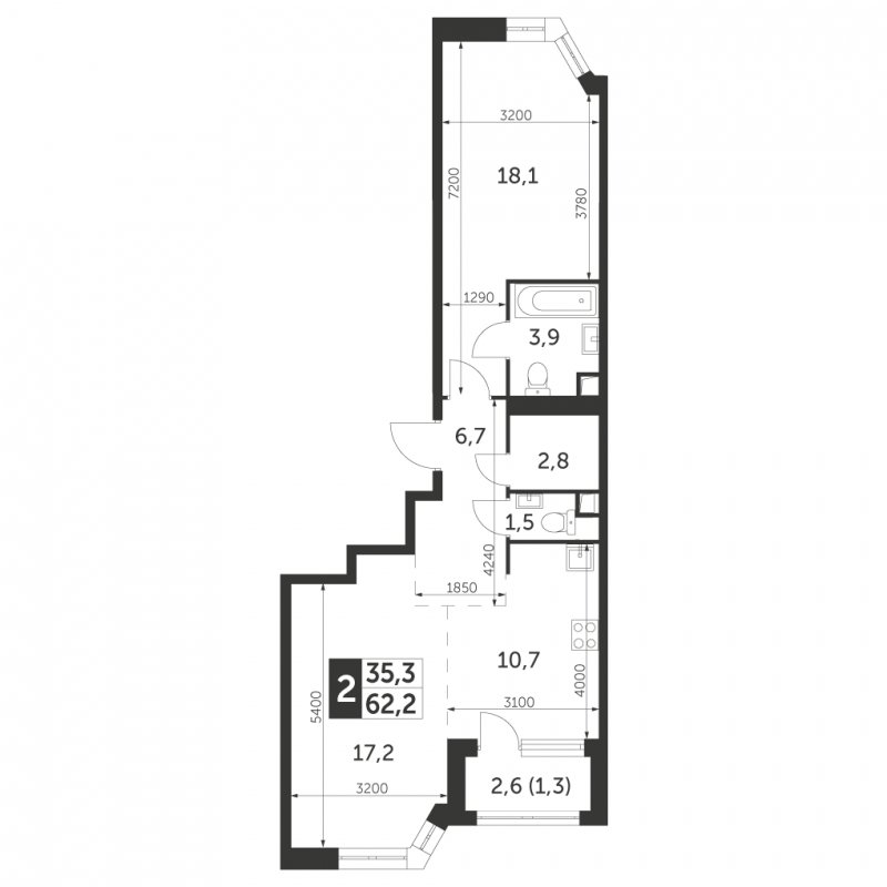 2-комнатная квартира с частичной отделкой, 62.2 м2, 22 этаж, сдача 4 квартал 2023 г., ЖК Архитектор, корпус 3 - объявление 1652471 - фото №1