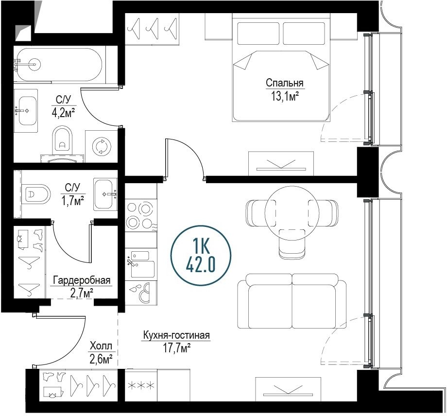 1-комнатная квартира с частичной отделкой, 41.7 м2, 29 этаж, сдача 3 квартал 2024 г., ЖК Метрополия, корпус Athens - объявление 2333545 - фото №1