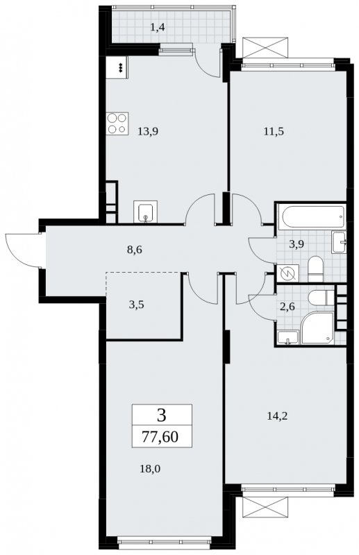 3-комнатная квартира без отделки, 77.6 м2, 8 этаж, сдача 4 квартал 2024 г., ЖК Скандинавия, корпус 35.2.2 - объявление 1841014 - фото №1