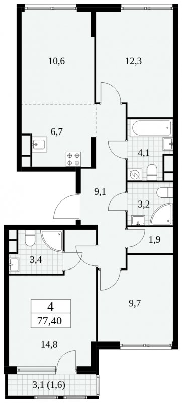 4-комнатная квартира (евро) без отделки, 77.4 м2, 15 этаж, сдача 2 квартал 2025 г., ЖК Южные сады, корпус 2.4 - объявление 1760475 - фото №1