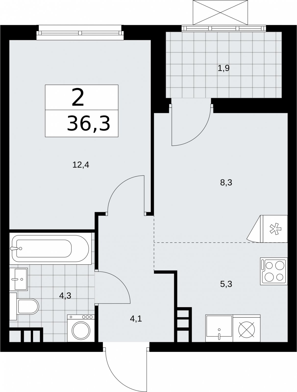 2-комнатная квартира (евро) без отделки, 36.3 м2, 5 этаж, сдача 2 квартал 2026 г., ЖК Бунинские кварталы, корпус 5.3 - объявление 2297522 - фото №1
