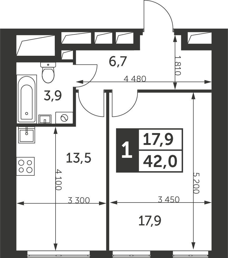 1-комнатная квартира без отделки, 42 м2, 41 этаж, сдача 4 квартал 2023 г., ЖК Архитектор, корпус 2 - объявление 2207393 - фото №1