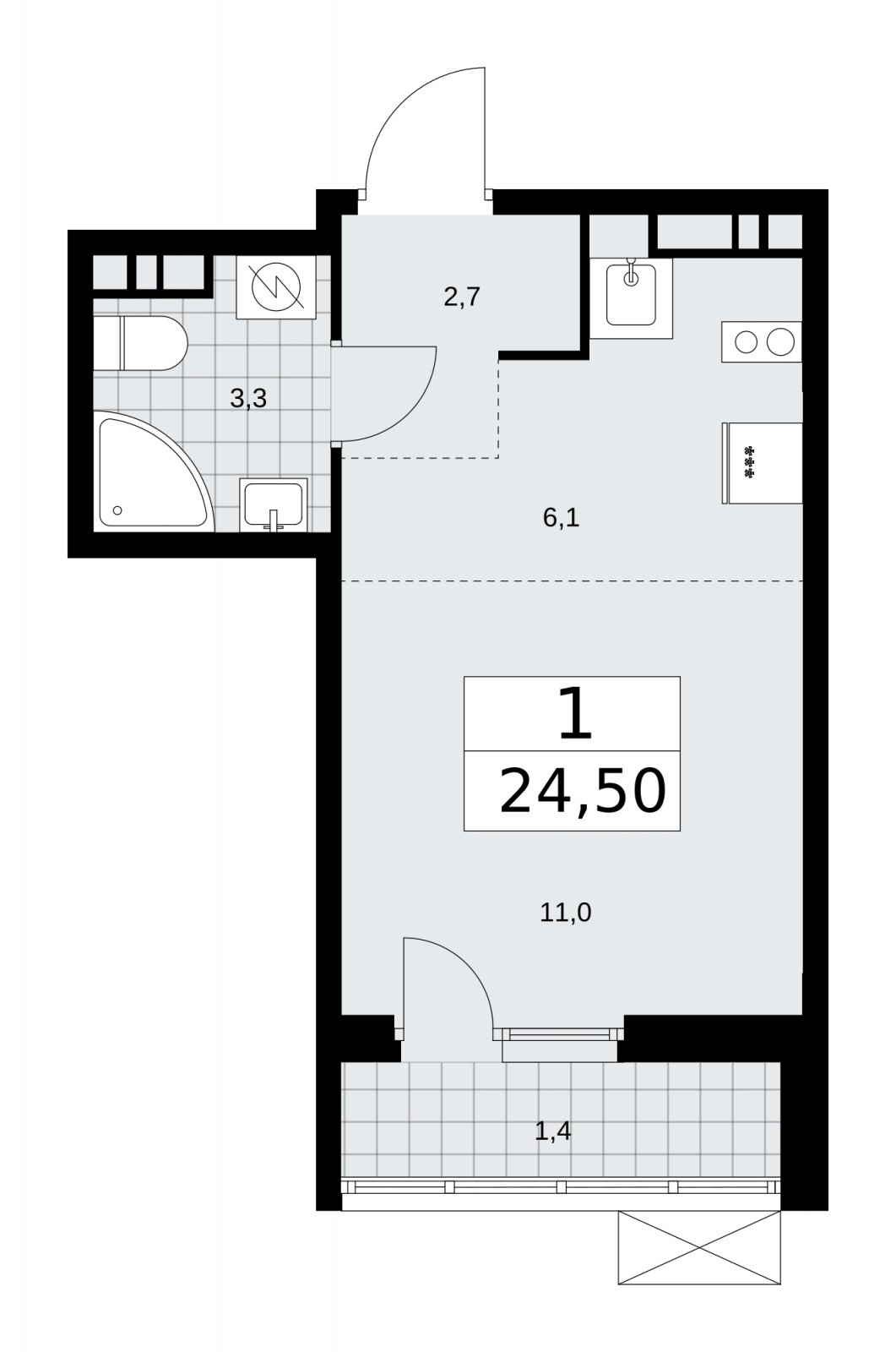 Студия с частичной отделкой, 24.5 м2, 8 этаж, сдача 4 квартал 2025 г., ЖК Бунинские кварталы, корпус 3.3 - объявление 2152025 - фото №1