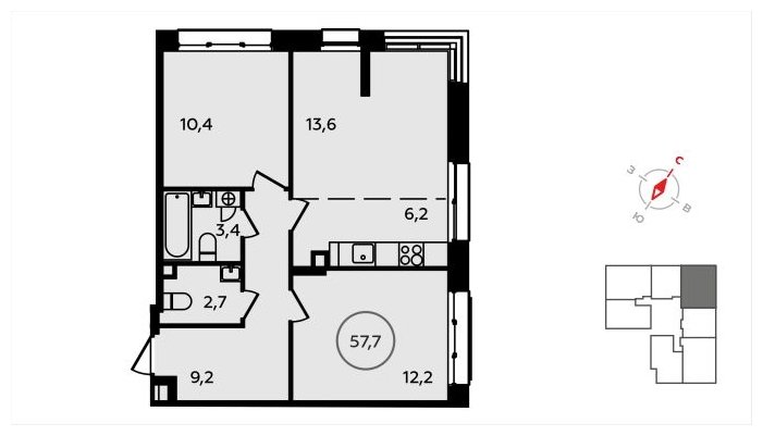 3-комнатная квартира (евро) без отделки, 57.7 м2, 2 этаж, сдача 3 квартал 2024 г., ЖК Скандинавия, корпус 22.2 - объявление 1625460 - фото №1