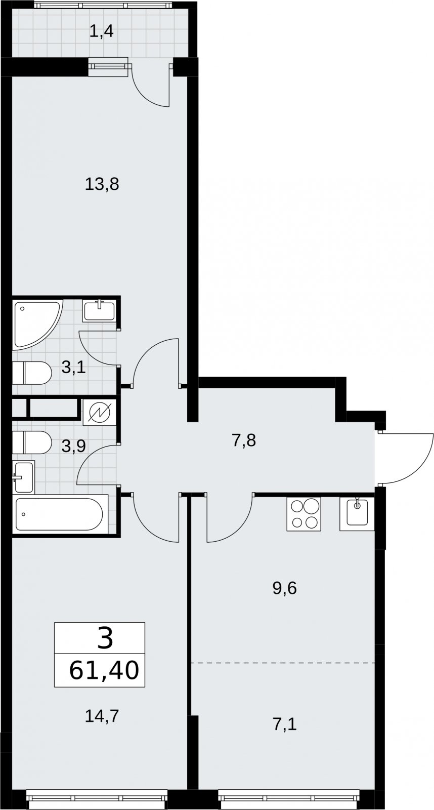 3-комнатная квартира (евро) с полной отделкой, 61.4 м2, 7 этаж, сдача 4 квартал 2026 г., ЖК Родные кварталы, корпус 1.2 - объявление 2318203 - фото №1