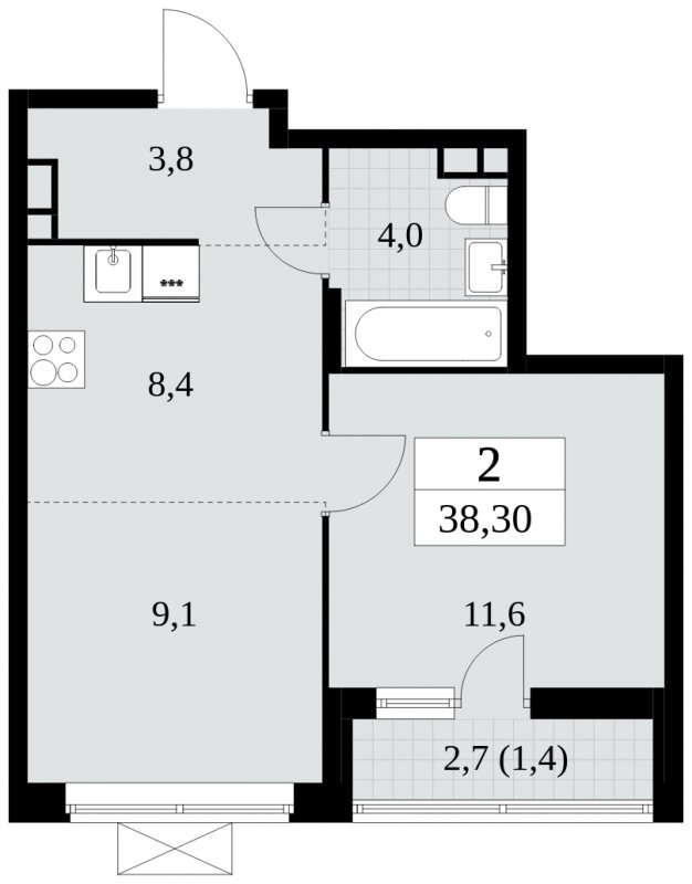 2-комнатная квартира (евро) без отделки, 38.3 м2, 4 этаж, сдача 2 квартал 2024 г., ЖК Прокшино, корпус 6.1 - объявление 1662503 - фото №1