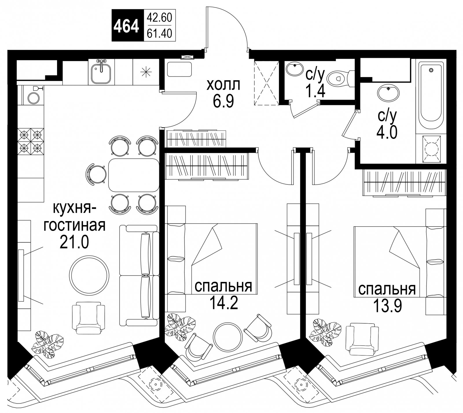 3-комнатная квартира без отделки, 61.4 м2, 18 этаж, сдача 2 квартал 2024 г., ЖК Интеллигент, корпус 2 - объявление 2260634 - фото №1