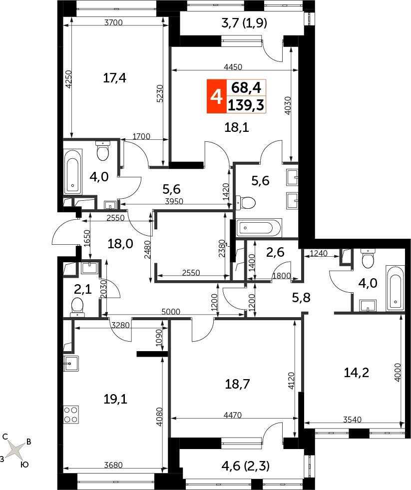 4-комнатная квартира с частичной отделкой, 139.3 м2, 9 этаж, сдача 3 квартал 2024 г., ЖК Sydney City, корпус 2.1 - объявление 2323046 - фото №1