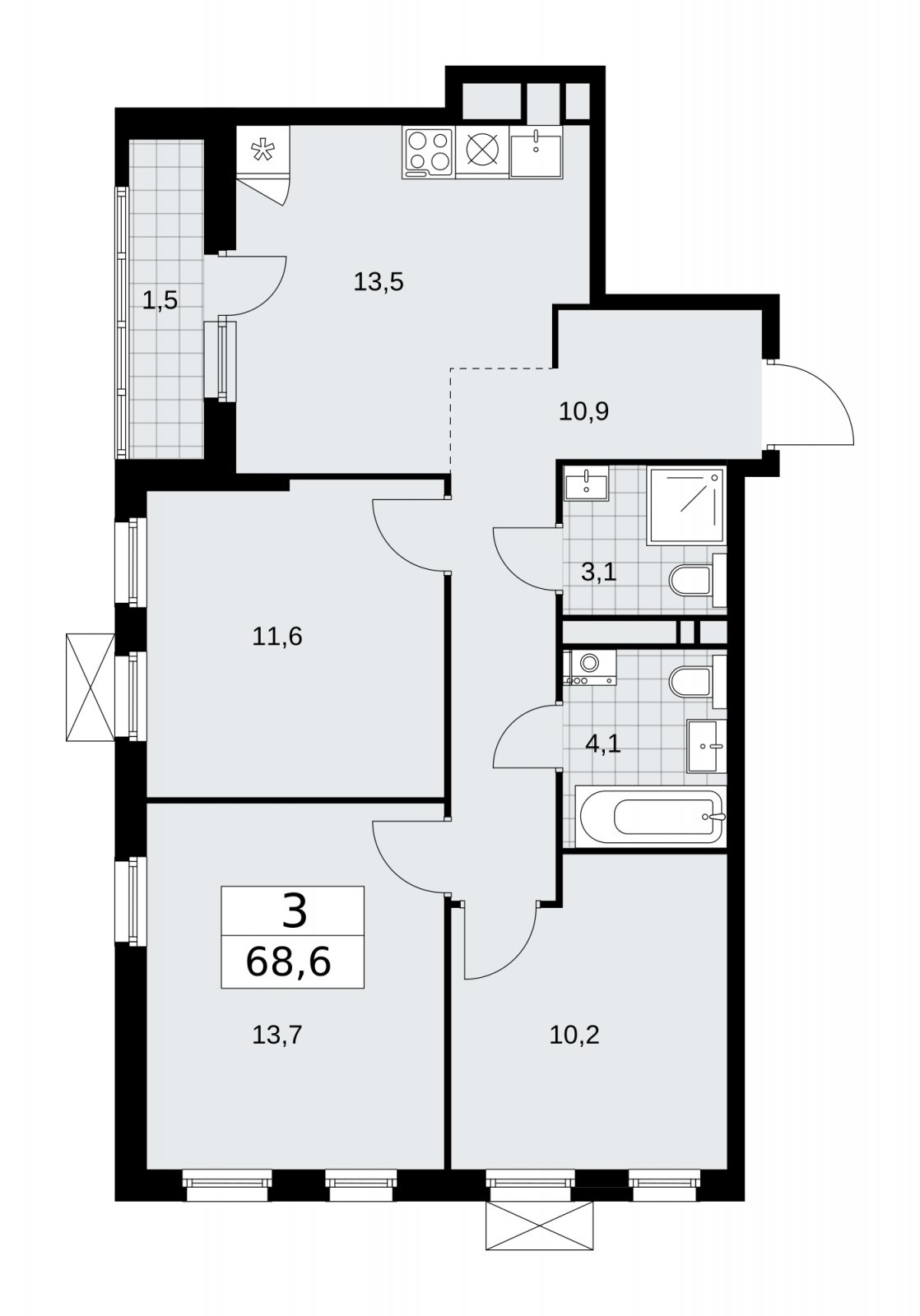 3-комнатная квартира без отделки, 68.6 м2, 12 этаж, сдача 1 квартал 2026 г., ЖК Скандинавия, корпус 37.2.3 - объявление 2254745 - фото №1