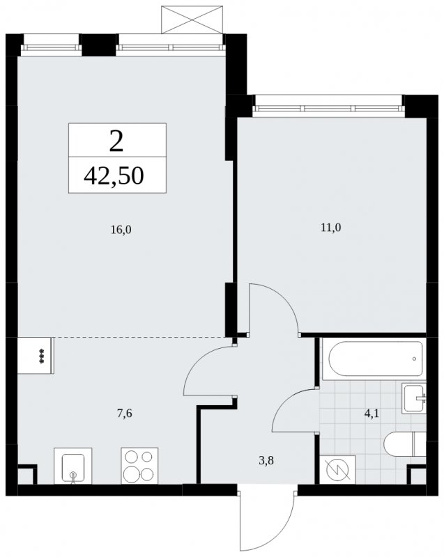 2-комнатная квартира (евро) с частичной отделкой, 42.5 м2, 2 этаж, сдача 1 квартал 2025 г., ЖК Дзен-кварталы, корпус 1.2 - объявление 1895758 - фото №1
