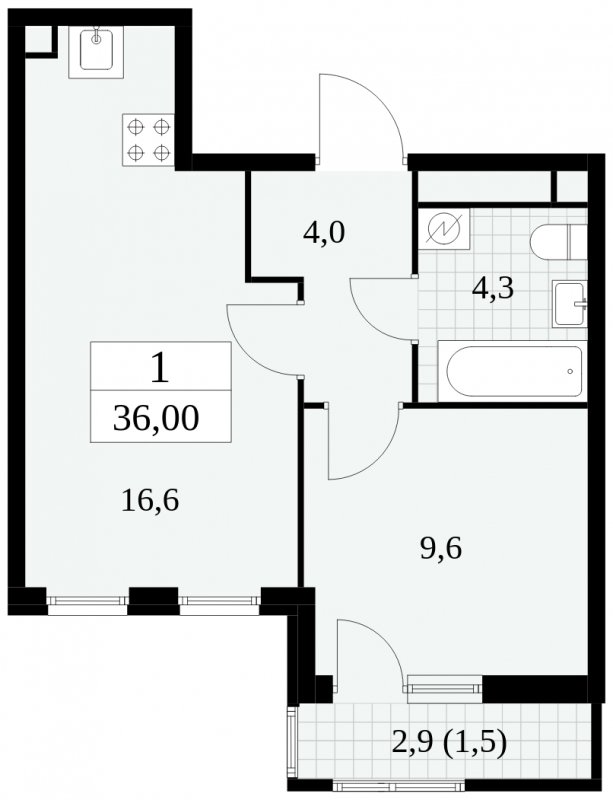 1-комнатная квартира без отделки, 36 м2, 4 этаж, сдача 2 квартал 2025 г., ЖК Южные сады, корпус 2.4 - объявление 1760190 - фото №1