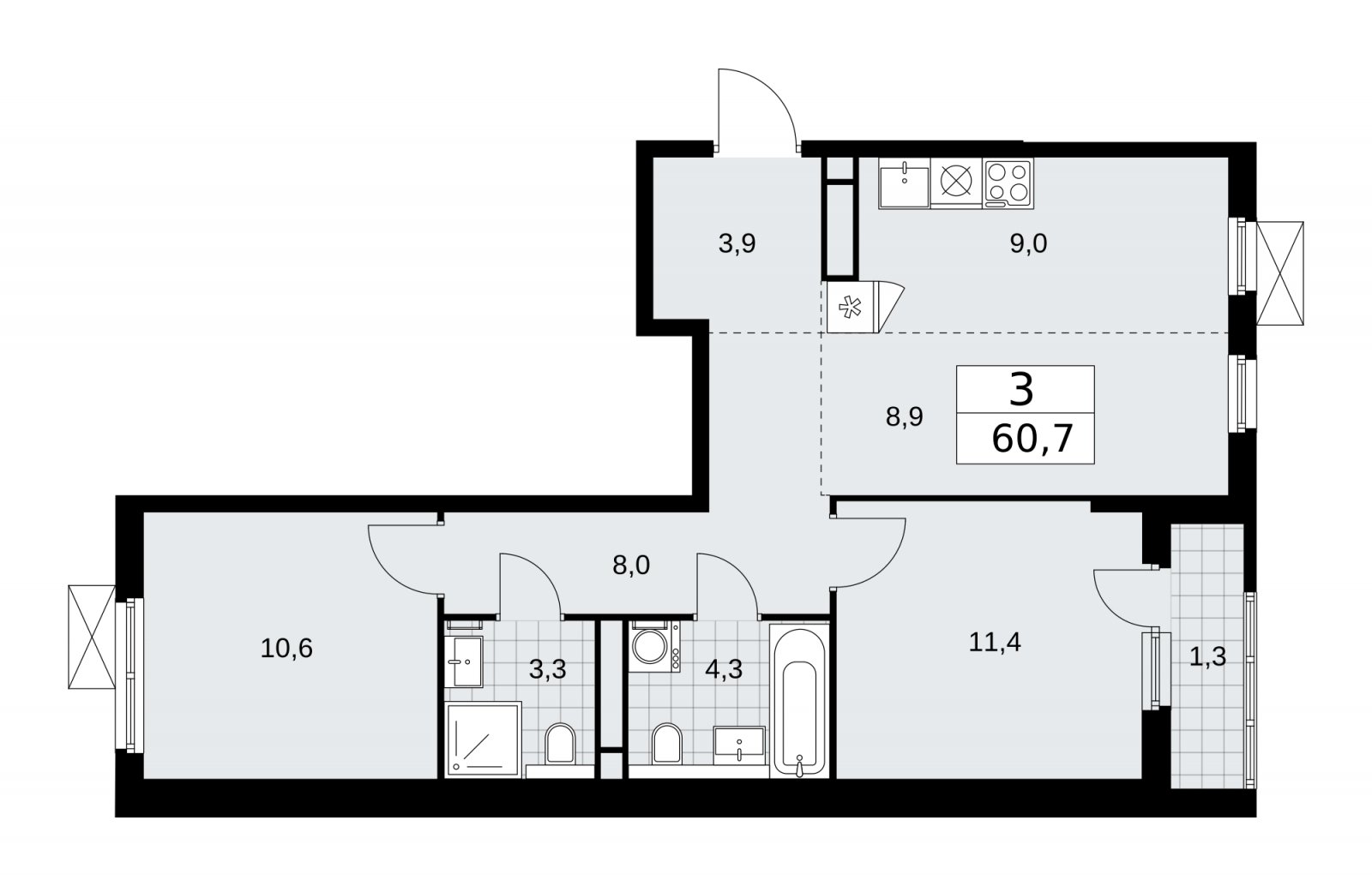 3-комнатная квартира (евро) без отделки, 60.7 м2, 13 этаж, сдача 1 квартал 2026 г., ЖК Прокшино, корпус 11.2.1 - объявление 2269976 - фото №1