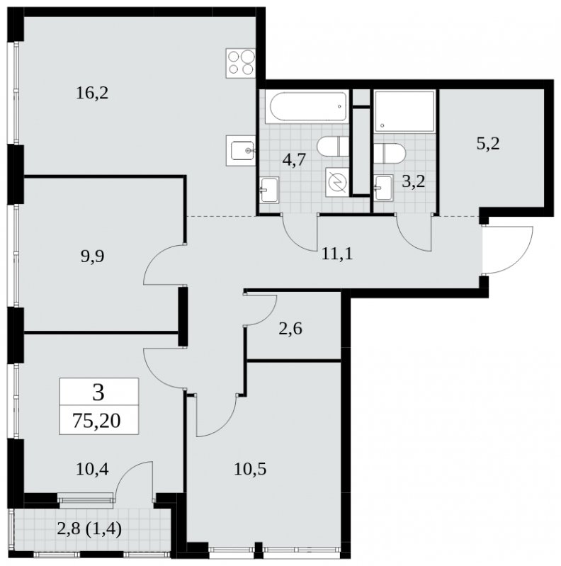 3-комнатная квартира с частичной отделкой, 75.2 м2, 25 этаж, сдача 2 квартал 2025 г., ЖК Южные сады, корпус 2.2 - объявление 1757642 - фото №1