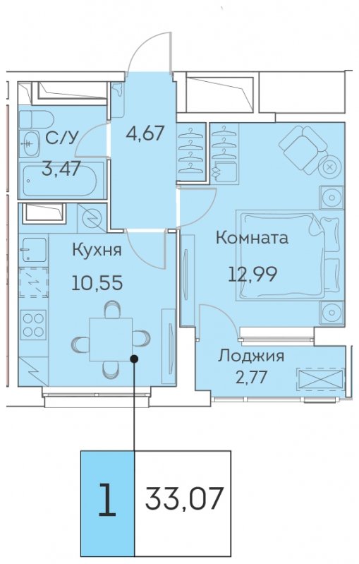 1-комнатная квартира с частичной отделкой, 33.07 м2, 19 этаж, сдача 3 квартал 2023 г., ЖК Аквилон BESIDE, корпус 1 - объявление 1577796 - фото №1