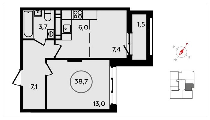 2-комнатная квартира (евро) с полной отделкой, 38.7 м2, 15 этаж, сдача 3 квартал 2024 г., ЖК Скандинавия, корпус 2.22.5 - объявление 1625861 - фото №1