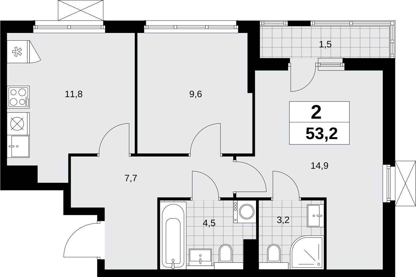 2-комнатная квартира без отделки, 53.2 м2, 13 этаж, сдача 2 квартал 2026 г., ЖК Бунинские кварталы, корпус 9.1 - объявление 2324146 - фото №1