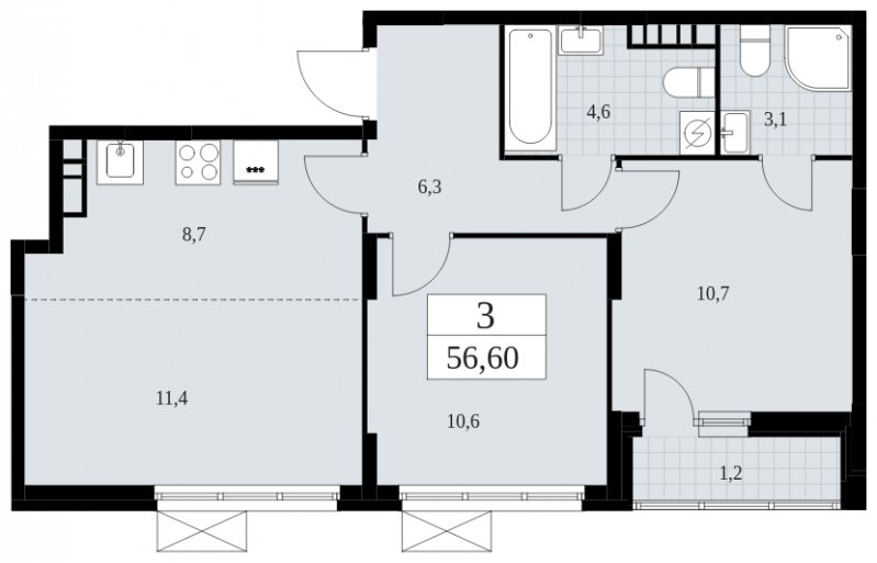 3-комнатная квартира (евро) без отделки, 56.6 м2, 6 этаж, сдача 4 квартал 2024 г., ЖК Скандинавия, корпус 35.2.2 - объявление 1841056 - фото №1