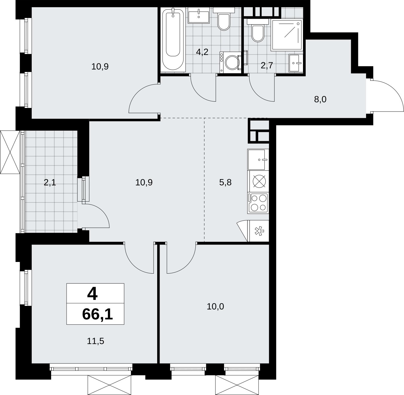 4-комнатная квартира (евро) без отделки, 66.1 м2, 12 этаж, сдача 4 квартал 2026 г., ЖК Скандинавия, корпус 2.18.1.3 - объявление 2350849 - фото №1