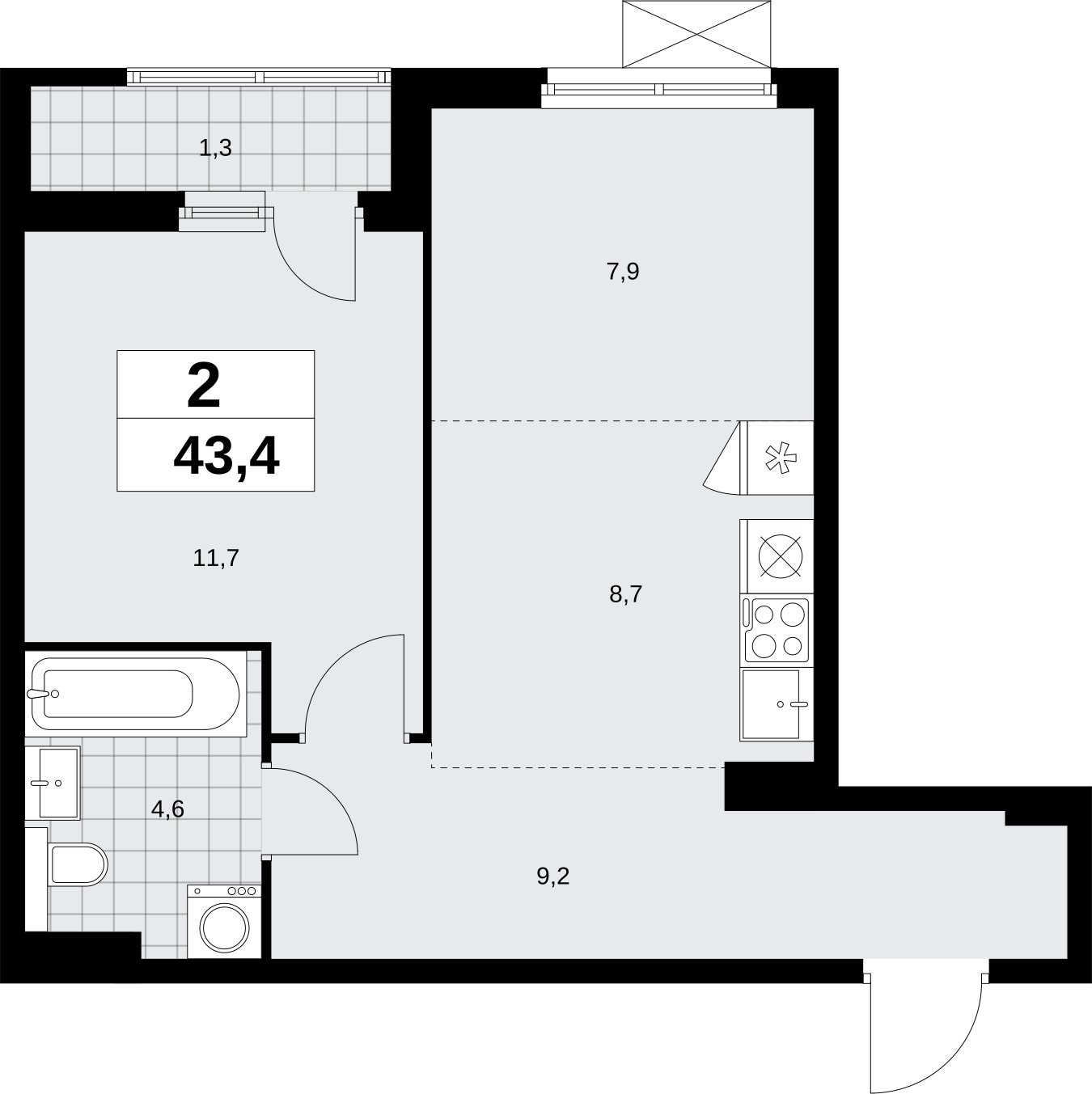 2-комнатная квартира (евро) без отделки, 43.4 м2, 4 этаж, сдача 2 квартал 2026 г., ЖК Бунинские кварталы, корпус 9.1 - объявление 2323903 - фото №1