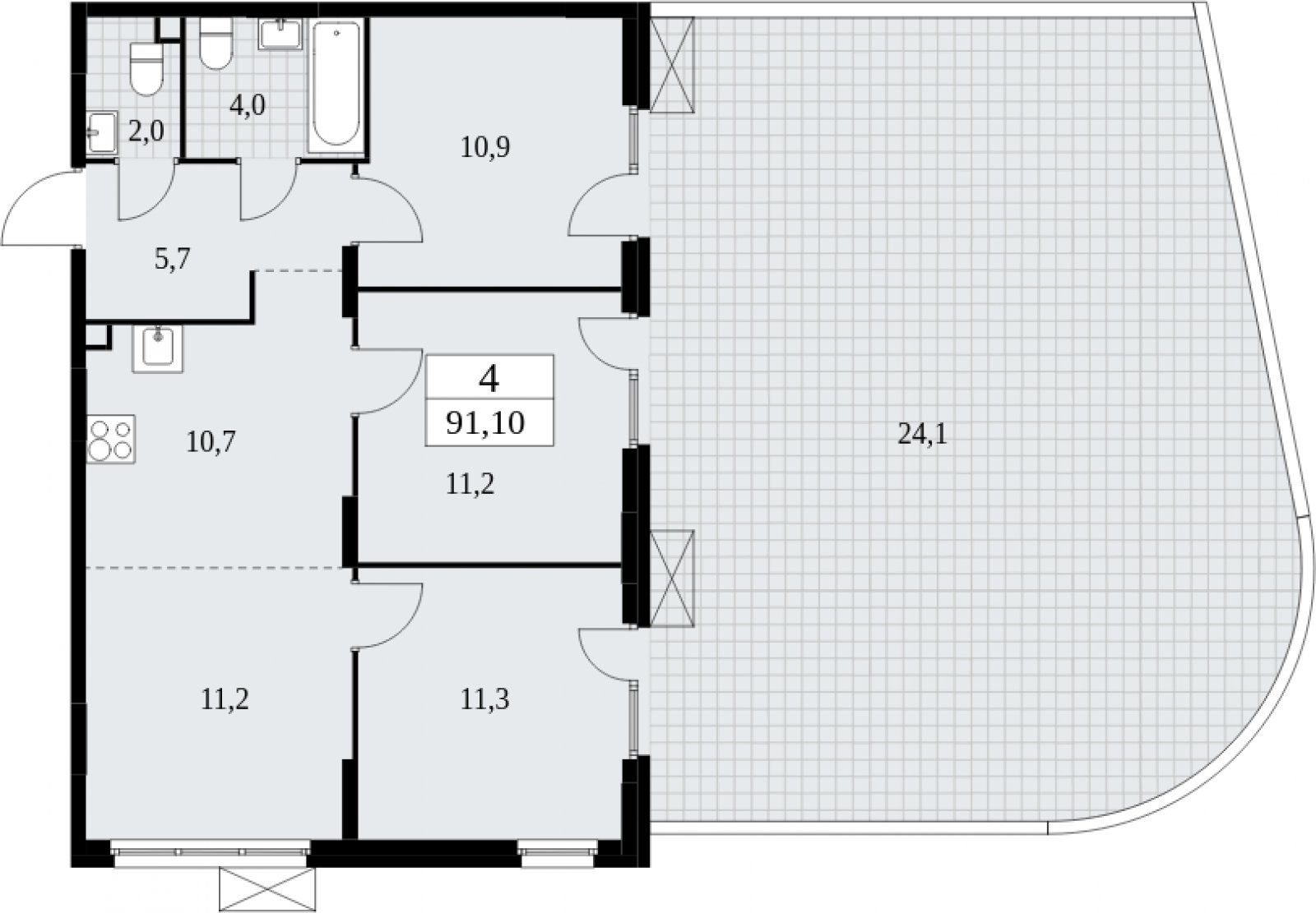 4-комнатная квартира (евро) с частичной отделкой, 91.1 м2, 2 этаж, сдача 4 квартал 2024 г., ЖК Скандинавия, корпус 35.1.4 - объявление 2052248 - фото №1