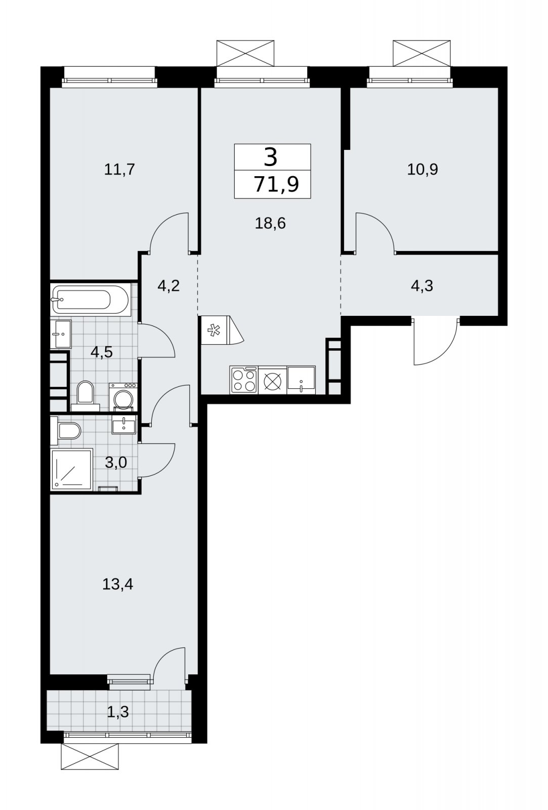 3-комнатная квартира без отделки, 71.9 м2, 9 этаж, сдача 2 квартал 2026 г., ЖК Скандинавия, корпус 25.4 - объявление 2284128 - фото №1
