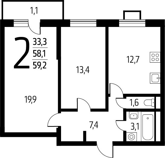 2-комнатная квартира с полной отделкой, 59.2 м2, 8 этаж, сдача 1 квартал 2025 г., ЖК Новые Ватутинки. Заречный, корпус 5/1 - объявление 2271879 - фото №1