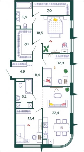 3-комнатная квартира без отделки, 106.6 м2, 5 этаж, сдача 1 квартал 2024 г., ЖК SHAGAL, корпус 1.7 - объявление 2108566 - фото №1
