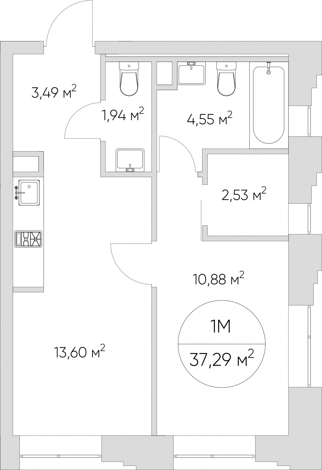 1-комнатные апартаменты без отделки, 37.29 м2, 5 этаж, сдача 1 квартал 2024 г., ЖК N'ICE LOFT, корпус 1 - объявление 2347853 - фото №1