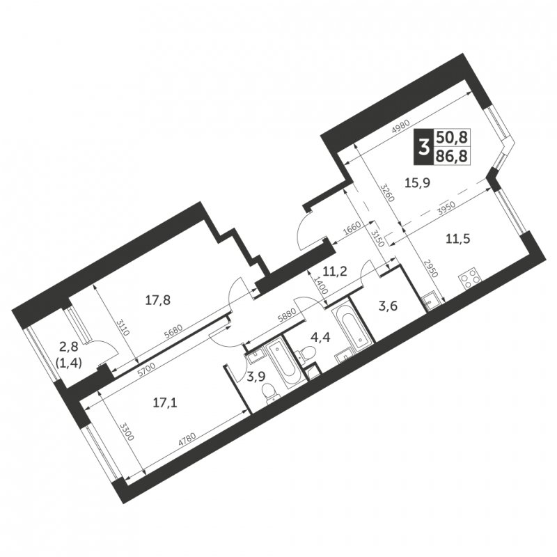 3-комнатная квартира с частичной отделкой, 86.8 м2, 4 этаж, сдача 4 квартал 2023 г., ЖК Архитектор, корпус 3 - объявление 1584229 - фото №1