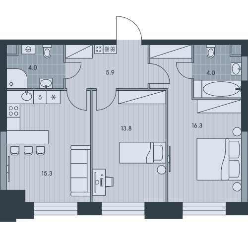 3-комнатная квартира без отделки, 59.3 м2, 25 этаж, сдача 3 квартал 2025 г., ЖК EVER, корпус 4 - объявление 2331749 - фото №1