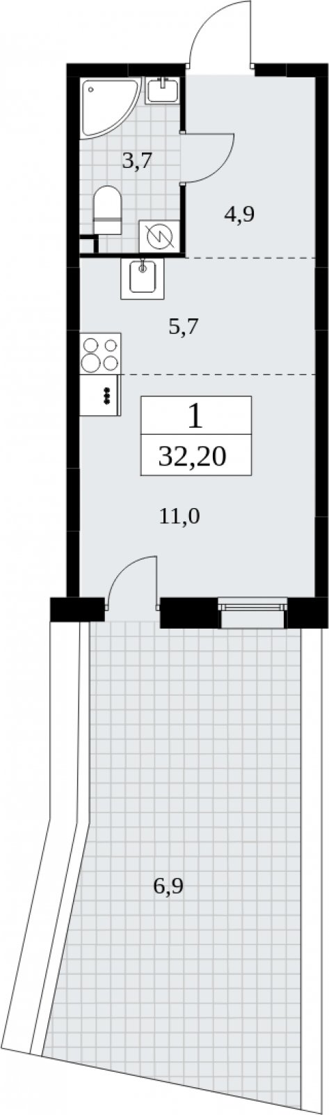 Студия с частичной отделкой, 32.2 м2, 2 этаж, сдача 4 квартал 2024 г., ЖК Бунинские кварталы, корпус 1.1 - объявление 2052295 - фото №1