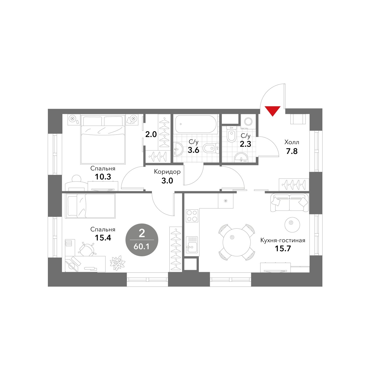 2-комнатные апартаменты без отделки, 60.1 м2, 13 этаж, сдача 3 квартал 2025 г., ЖК VOXHALL, корпус 4 - объявление 1992966 - фото №1