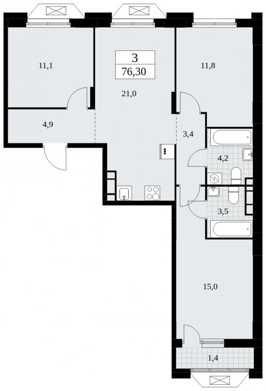 3-комнатная квартира с частичной отделкой, 76.3 м2, 9 этаж, сдача 4 квартал 2024 г., ЖК Бунинские кварталы, корпус 1.2 - объявление 1834507 - фото №1