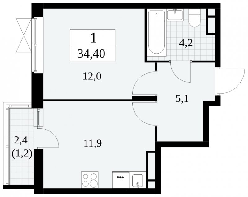 1-комнатная квартира с частичной отделкой, 34.4 м2, 8 этаж, сдача 3 квартал 2024 г., ЖК Прокшино, корпус 8.2 - объявление 1683794 - фото №1