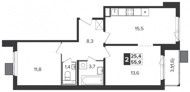 2-комнатная квартира с полной отделкой, 55.9 м2, 19 этаж, дом сдан, ЖК Южная Битца, корпус 6 - объявление 1307648 - фото №1