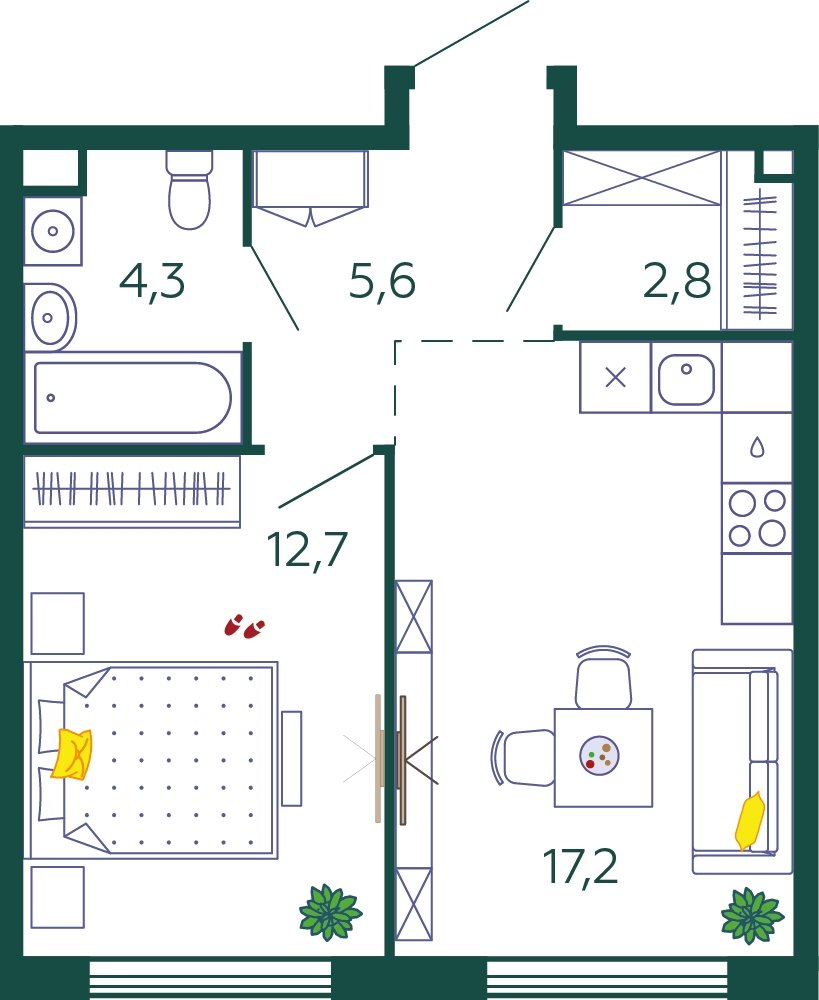 1-комнатная квартира без отделки, 42.6 м2, 4 этаж, сдача 4 квартал 2023 г., ЖК SHAGAL, корпус 1.2 - объявление 2275400 - фото №1