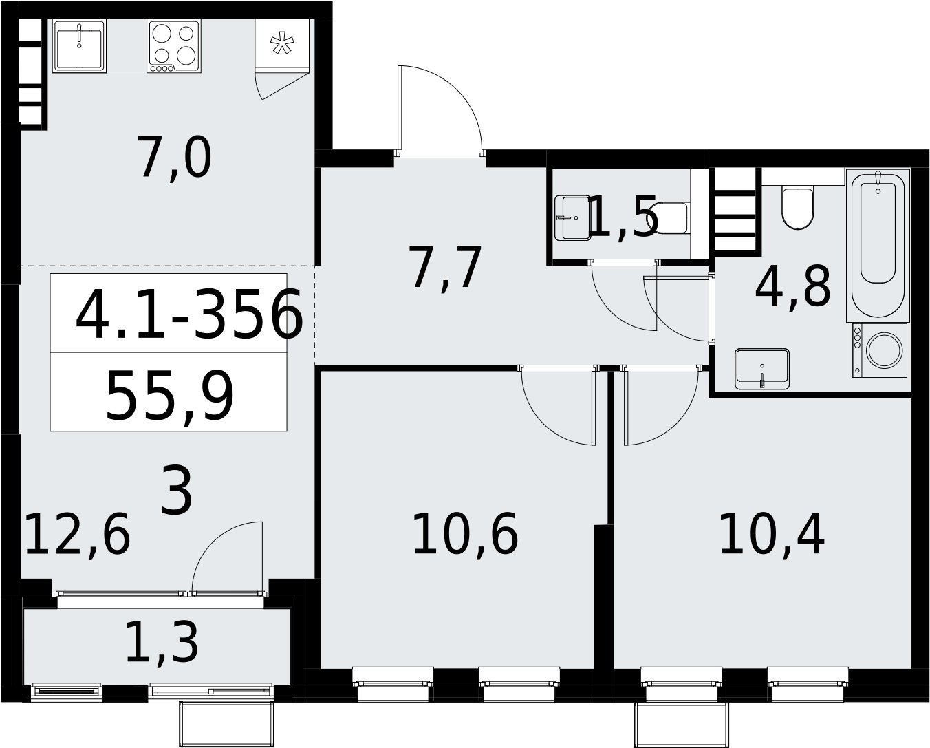 3-комнатная квартира (евро) с полной отделкой, 55.9 м2, 19 этаж, сдача 2 квартал 2027 г., ЖК Южные сады, корпус 4.1.2 - объявление 2392864 - фото №1